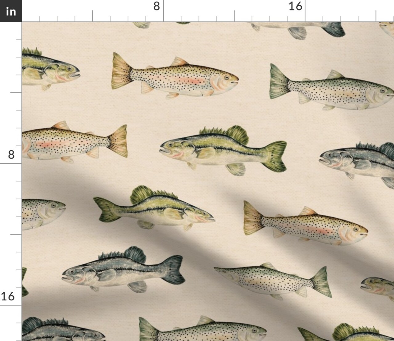 Cabincore Rustic Camping Fisherman Cabin Decor Lake House Summer Watercolor Rainbow Trout Bass Fishing Camp Fish Lodge Wilderness Wildlife Custom Printed Fabric by Spoonflower Various Fabrics by the Yard or Fat Quarter